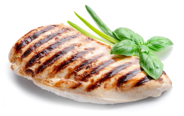 istock Grilled chicken fillet isolated on white background. 1370303476