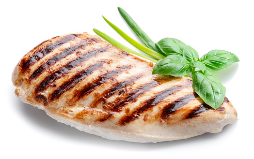 Grilled chicken fillet isolated on white background.