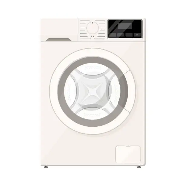 Vector illustration of Washing machine mockup. Flat design. Modern laundromat, 3d laundry, washing appliance for household chores. Vector bathroom equipment for cloth washing.