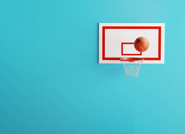 A basketball hoop on a white wall with a ball flying at the target 3d render. High quality 3d illustration