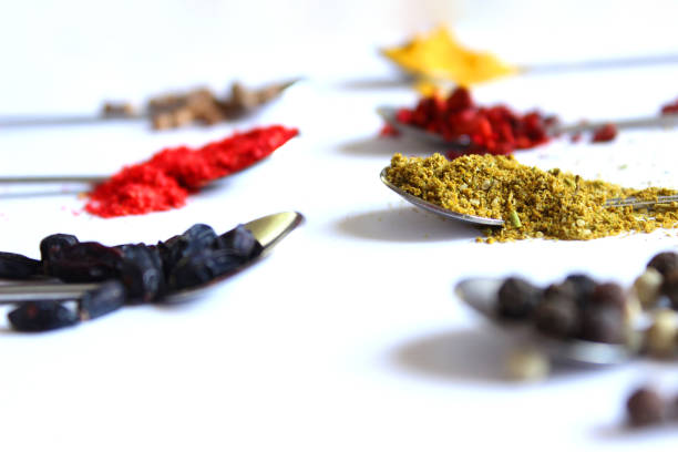 Wide variety spices and herbs on background, with empty space for text or label