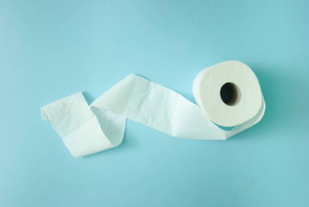 White toilet paper roll on light pastel blue background. Copy space, flat lay.