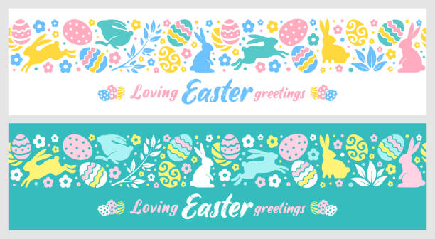 illustrations, cliparts, dessins animés et icônes de ensemble de longues bannières pour la célébration de pâques - easter egg pastel colored text easter