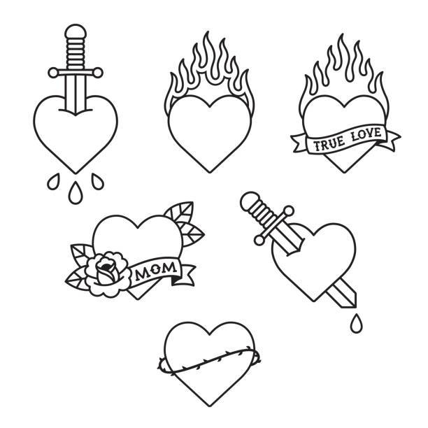 ilustraciones, imágenes clip art, dibujos animados e iconos de stock de conjunto tradicional de tatuajes de corazón de la vieja escuela - tattoo heart shape love ribbon