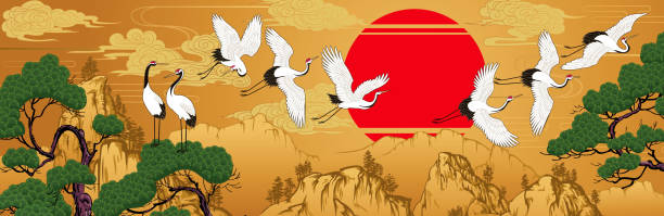 horizontale landschaft mit japanischen kranichen und kiefern - chinesische kultur stock-grafiken, -clipart, -cartoons und -symbole