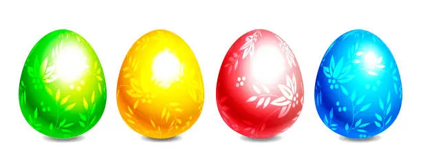 Vector illustration of Multicolored Easter eggs with a pattern on an isolated white background. Festive spring set for holiday decorations. Graphic vector illustration in EPS 10 format.