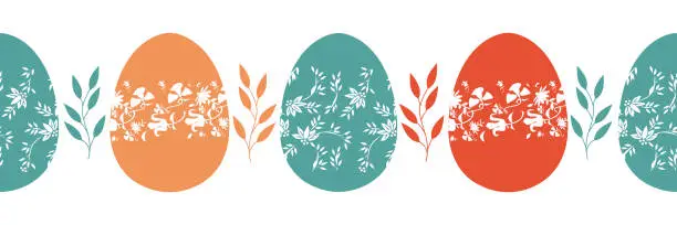 Vector illustration of Decorative seamless ornament of spring branches and Easter eggs. Horizontal holiday ribbon in flat style. Graphic vector illustration in EPS 10 format.