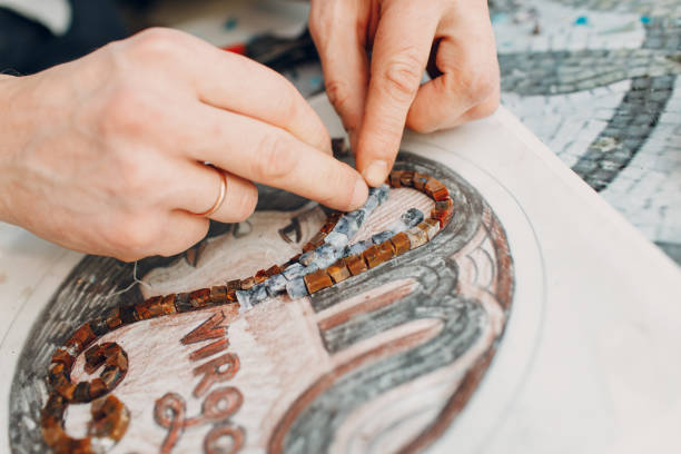 istock Materials sketch and tools for making colored smalt glass mosaics. Master class making mosaic woman ancient greek portrait 1370316897