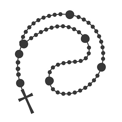 Rosary beads silhouette. Prayer jewelry for meditation. Catholic chaplet with a cross. Religion symbol. Vector isolated illustration