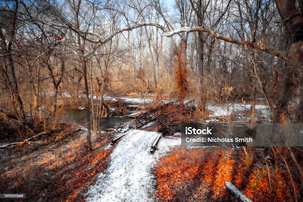 Snowy Trail to Bridge in Woods A low aerial drone photo over a snow covered trail surrounded by sunlit red and orange leaves leading to a bridge in the woods in Beavercreek, Ohio with a sycamore tree branch framing the bridge. Ohio Stock Photo