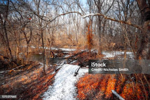 Snowy Trail To Bridge In Woods Stock Photo - Download Image Now - Ohio, Dayton - Ohio, Snow