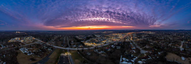 180 Degree Suburban Sunset Panorama A 180 degree aerial panorama via drone of the sunset over a suburban area outside of Dayton, Ohio in January dayton ohio skyline stock pictures, royalty-free photos & images