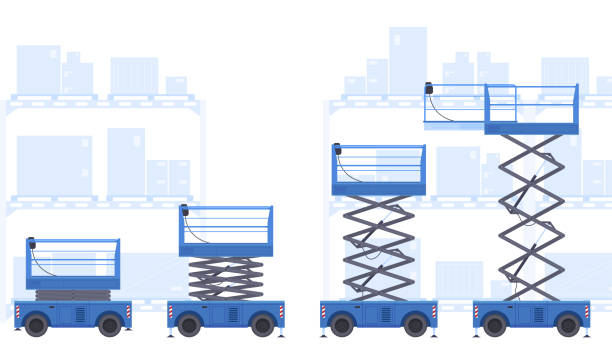 zbieranie różnych podnośników mechanicznych podnośników nożycowych platforma z koszem przemysłowym pracującym w magazynie - hydraulic platform illustrations stock illustrations