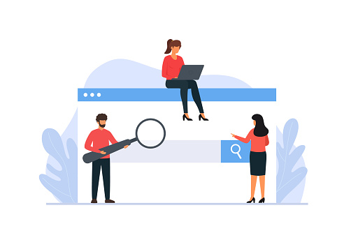 Web search concept. Tiny characters using laptop for searching info in web browser. Search Bar. Vector illustration.