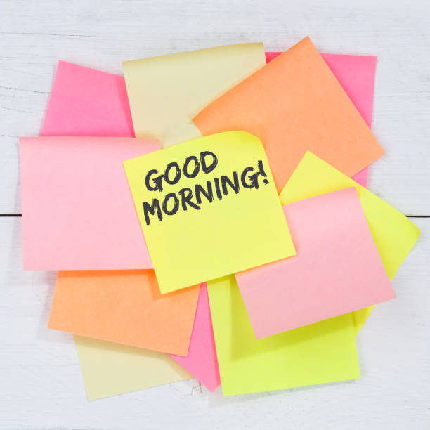 istock Good morning hello greeting welcome message business concept desk note paper 1370319124