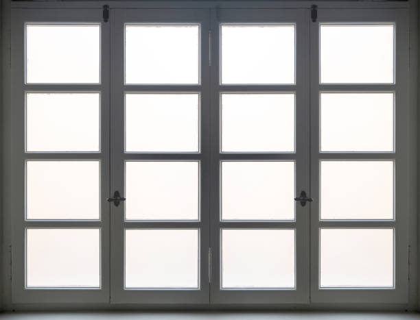 istock White glass window closed background. Wooden retro frame and handle 1370320390