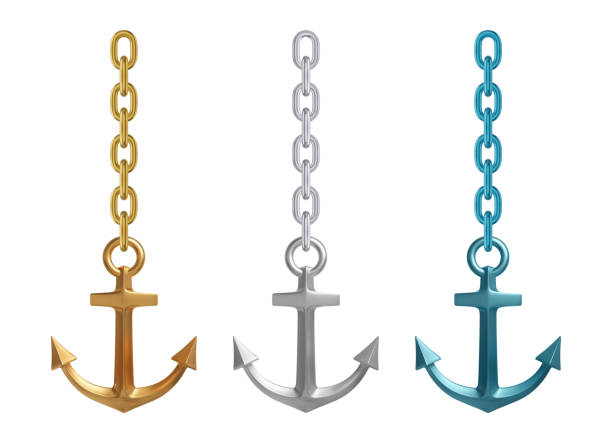realistic metallic, golden and blue anchors with chains. vector illustration. - demir zincir stock illustrations