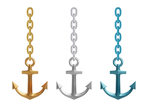 Realistic metallic, golden and blue anchors with chains. Vector illustration