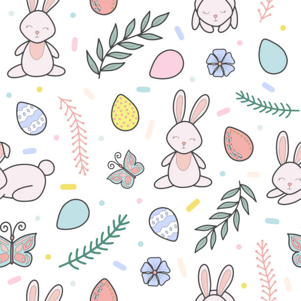 Easter holiday vector colorful seamless pattern illustration Easter holiday vector colorful seamless pattern illustration. Spring cute pattern with bunnies, easter eggs, butterfly, branches and flowers. For fabric prints, decorations, backgrounds cartoon of the how to draw a infinity sign stock illustrations