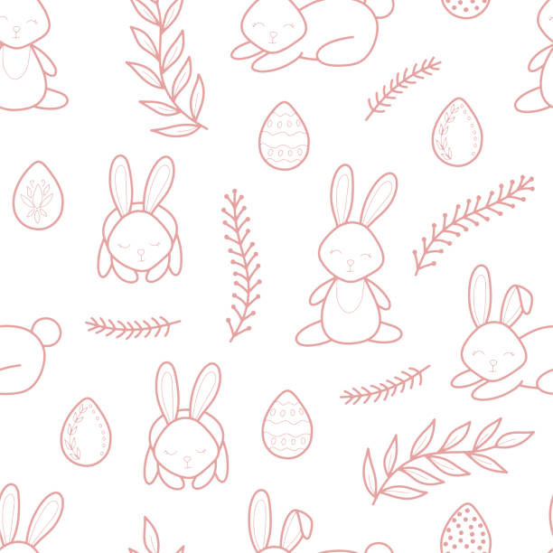 Easter holiday vector line seamless pattern illustration. Easter holiday vector line seamless pattern illustration. Spring cute pattern with bunnies, easter eggs and branches. For fabric prints, decorations, backgrounds cartoon of the how to draw a infinity sign stock illustrations