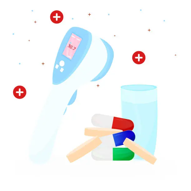 Vector illustration of High temperature on the thermometer and taking medications with water