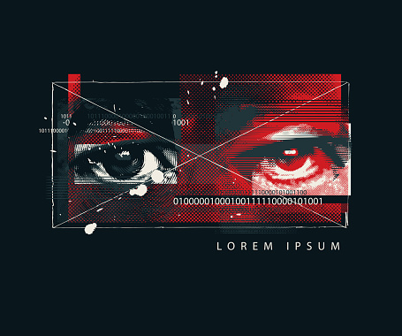Abstract banner with human eyes and place for text on a black background. Digital vision. Security technology and surveillance. Creative vector illustration in modern style. Digital eye recognition