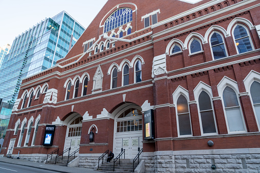 Nashville, Tennessee - January 10, 2022: Exterior of the historic Ryman Auditorium, famous for its country music shows and concerts