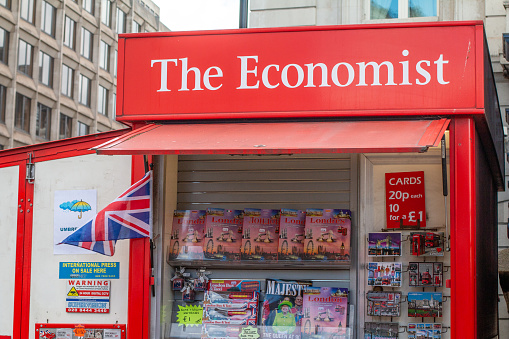 The Economist Newsstand on Piccadilly in City of Westminster, London, with commercial titles available.