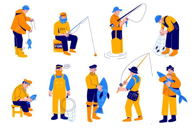 Cartoon fisherman. Different cartoon men characters with big fish, people with fishing rods and nets, special hunting clothes, wading boots, outdoor hobbies, vector isolated set Cartoon fisherman. Different cartoon men characters with big fish, people with fishing rods and nets, special hunting clothes, wading boots, outdoor hobbies, vector trendy flat style isolated set fisherman stock illustrations