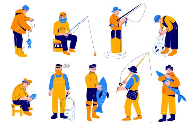 Cartoon fisherman. Different cartoon men characters with big fish, people with fishing rods and nets, special hunting clothes, wading boots, outdoor hobbies, vector isolated set Cartoon fisherman. Different cartoon men characters with big fish, people with fishing rods and nets, special hunting clothes, wading boots, outdoor hobbies, vector trendy flat style isolated set cartoon fishing hook stock illustrations