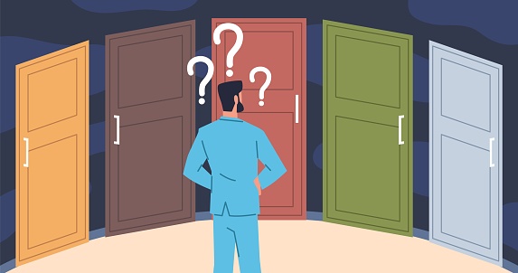 Choosing right door. Life choice concept, puzzled man thinks, big dilemma, cartoon confusing businessman character making right and wrong decision, difficult ways, vector cartoon flat isolated concept