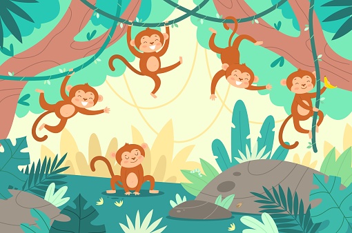 Cute monkeys in jungle. Funny little marmosets play in tropical forest, climbing vines and trees, rainforest exotic plants, cartoon pretty baby animals, childish background, vector concept