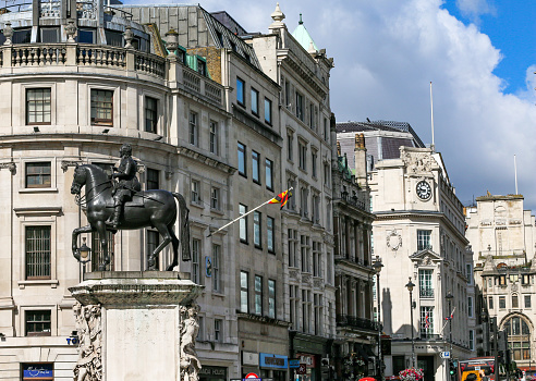 Charles I Statue at Trafalgar Square in Whitehall, London, with commercial buildings visible.