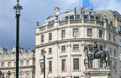 Charles I Statue at Trafalgar Square in Whitehall, London, with commercial buildings visible.