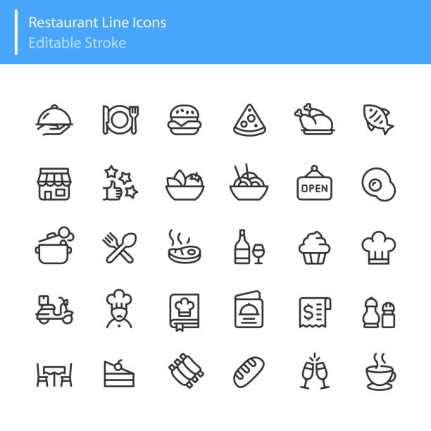 illustrazioni stock, clip art, cartoni animati e icone di tendenza di icone linea ristorante tratto modificabile - meat food symbol chicken