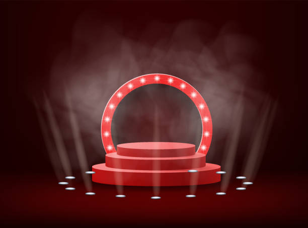 istock Stage podium with rays of spotlights for Award ceremony Winner with smoke. Red platform concept. Vector illustration 1370332315
