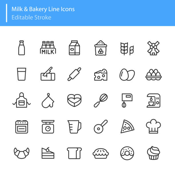 ilustrações de stock, clip art, desenhos animados e ícones de milk & bakery line icons editable stroke - muffin cheese bakery breakfast