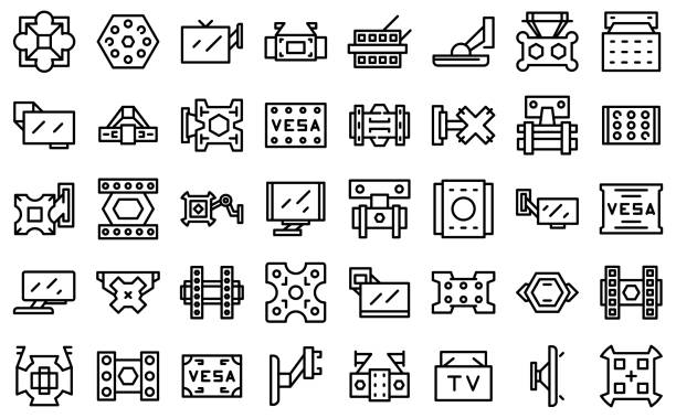 ilustraciones, imágenes clip art, dibujos animados e iconos de stock de los iconos de montaje en tv establecen el vector de contorno. soporte de pared - wall mount