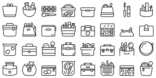 ilustraciones, imágenes clip art, dibujos animados e iconos de stock de los iconos de bolsa cosmética establecen el vector de contorno. accesorio barbero - cosmetic bag