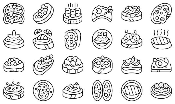 illustrations, cliparts, dessins animés et icônes de les icônes bruschetta définissent le vecteur de contour. fromage alimentaire - bruschetta tomato bread mozzarella