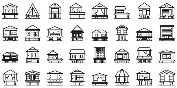 ilustraciones, imágenes clip art, dibujos animados e iconos de stock de los iconos de zancos establecen el vector de contorno. edificio de arquitectura - stilts