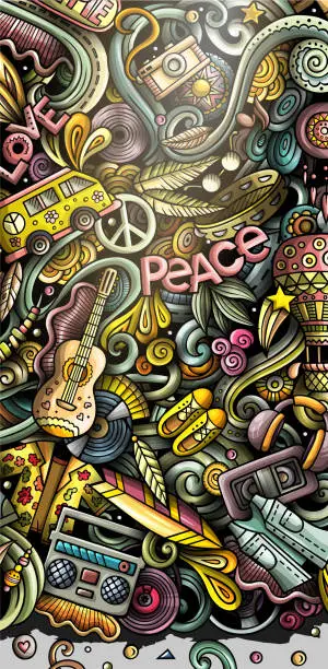 Vector illustration of Hippie hand drawn doodle banner. Cartoon detailed illustrations.