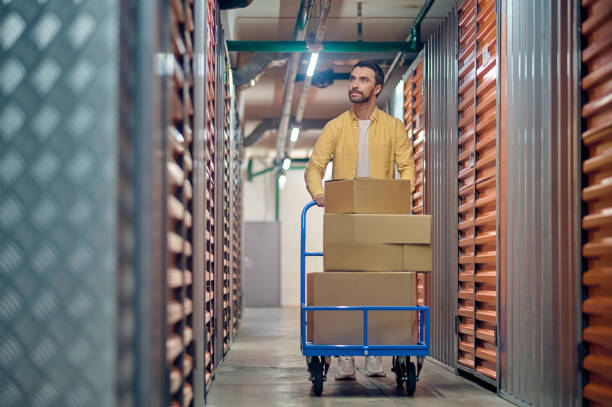 istock Tranquil order picker wheeling the platform cart along cargo containers 1370336194