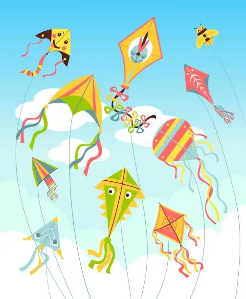Vector illustration of Kites in sky. Bright air toys in clouds, color flying controlled objects on strings, different design bee and smiling faces, hobby and outdoor activity background, vector concept