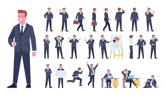 Cartoon businessman character poses. Manager in formal suit. Different gestures and situations. Office employee working process. Male actions and emotion expressions. Vector worker positions set