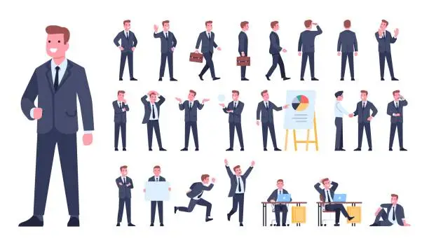 Vector illustration of Cartoon businessman character poses. Manager in formal suit. Different gestures and situations. Employee working process. Actions and emotion expressions. Vector worker positions set