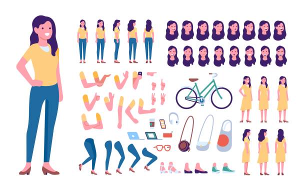 ilustrações de stock, clip art, desenhos animados e ícones de cartoon female character kit. woman in casual clothes. girl standing in different poses. face emotion expressions and hand gestures. vector set of individual body parts and accessories - body woman back