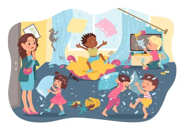 Vector illustration of Naughty children make mess. Kids destroy house. Mom is standing on doorstep room. Broken pot and cat on curtains. Boys fight pillows and jump on sofa. Girl draw on TV. Vector concept