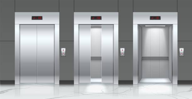 Realistic elevators and entrance doors. Metal passenger lifts. Slightly, opened and closed doorways. Building hallway interior. Marble floor and tiled wall. Vector lobby cabin gates set Realistic elevators and entrance doors. Metal passenger lifts. Slightly, opened and closed doorways. Modern building hallway interior. Marble floor and tiled wall. Vector lobby steel cabin gates set marble tile colors stock illustrations