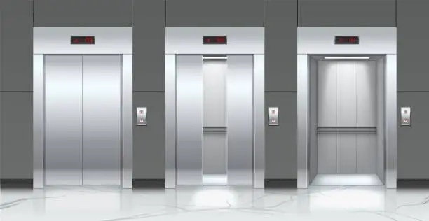 Vector illustration of Realistic elevators and entrance doors. Metal passenger lifts. Slightly, opened and closed doorways. Building hallway interior. Marble floor and tiled wall. Vector lobby cabin gates set